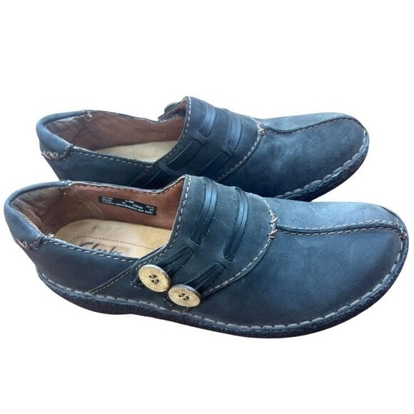Clarks Artisan Loafer Black Leather Un Loop Flat Leather Slip-On Women's 6.5M - Picture 1 of 8